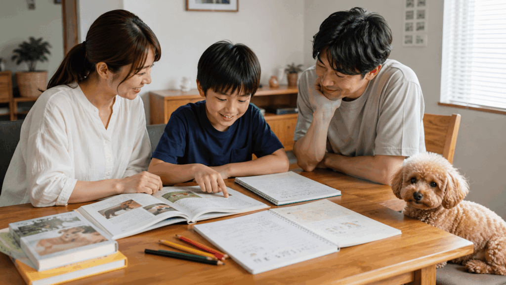 ALT
夏休みの自由研究で犬について学ぶ小学生。日本の一般家庭のダイニングテーブルで、両親と一緒に犬の本やノートを広げながら楽しそうに話し合っている。テーブルには色鉛筆や自由研究ノートが並び、隣ではトイプードルが穏やかに家族を見守る。「犬を迎える前に学ぶこと」の大切さが伝わる温かな家庭風景。