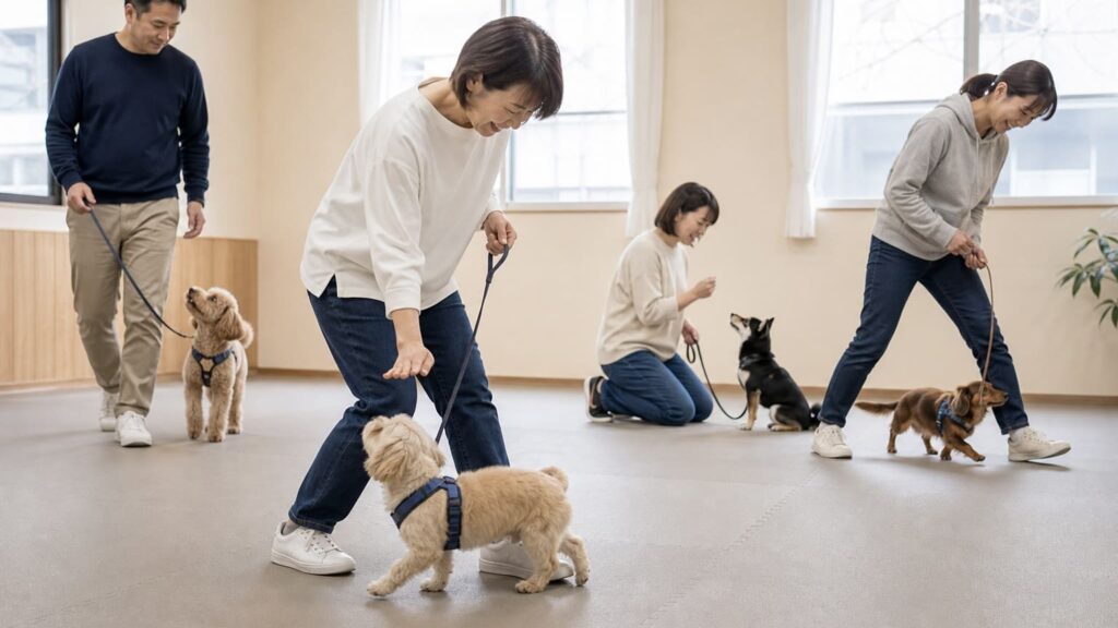 明るい室内で、飼い主たちが愛犬に合図を送りながら基本的なドッグダンスを練習する初心者教室