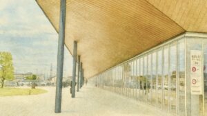 水彩画風に描かれた施設の外観。大きな屋根とガラス張りの壁、芝生広場が広がる。