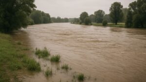 台風後に冠水した川の危険な様子