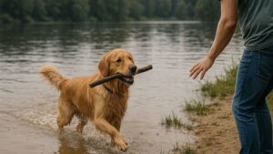 飼い主と一緒に水辺で遊ぶ犬の安全なレジャー風景