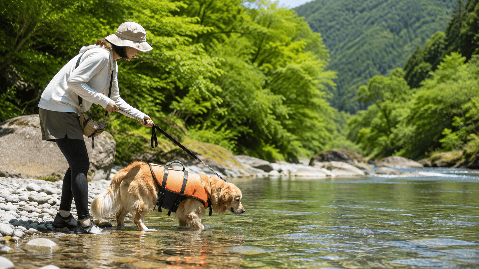 浅い川辺で、飼い主がリードを持ちながらライフジャケット姿のゴールデンレトリバーを見守る様子