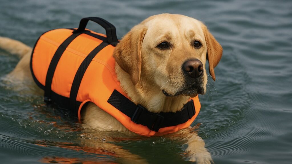 水辺でライフジャケットを着用している犬