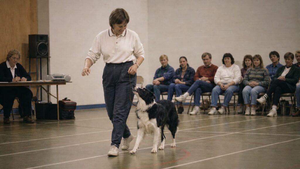 1990年代の欧米の屋内競技会で、ハンドラーの横を歩く犬が視線を合わせる初期のドッグダンス