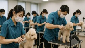 東京や千葉・神奈川のトリミングスクールで複数の学生がプードルを実習している様子