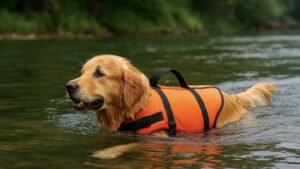 川遊びを楽しむゴールデンレトリバーの水泳シーン