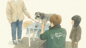 トリマーが犬のお手入れ実演をしている様子