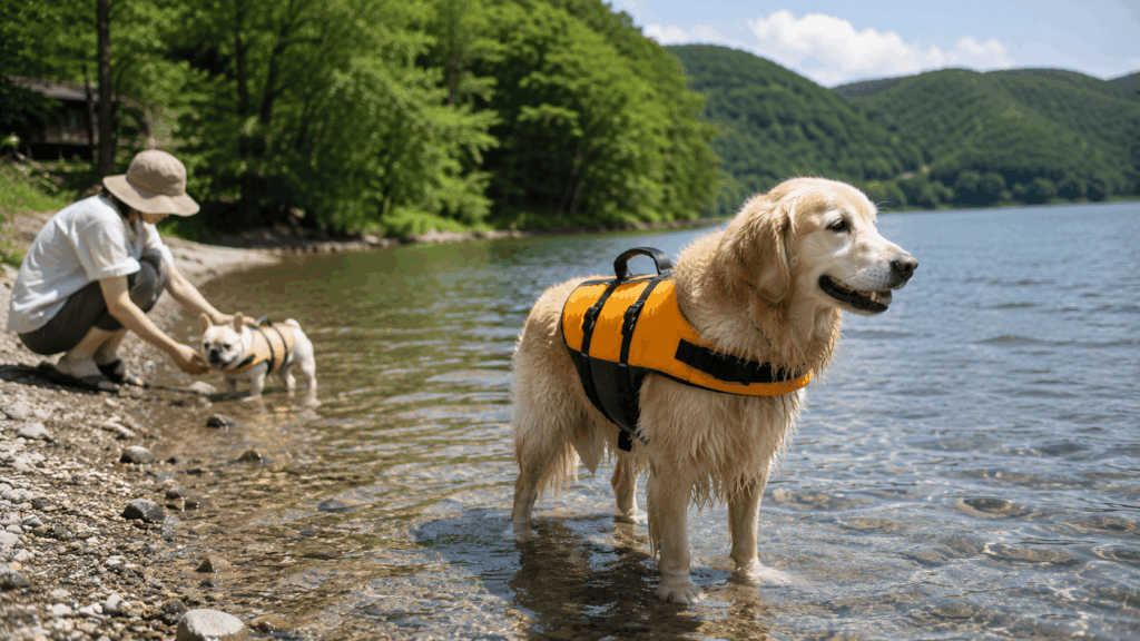 湖畔でライフジャケットを着たゴールデンレトリバーと、飼い主と水際で遊ぶフレンチブルドッグ