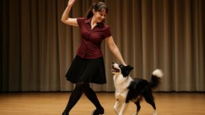 ドッグダンスで音楽に合わせて演技する犬とハンドラー