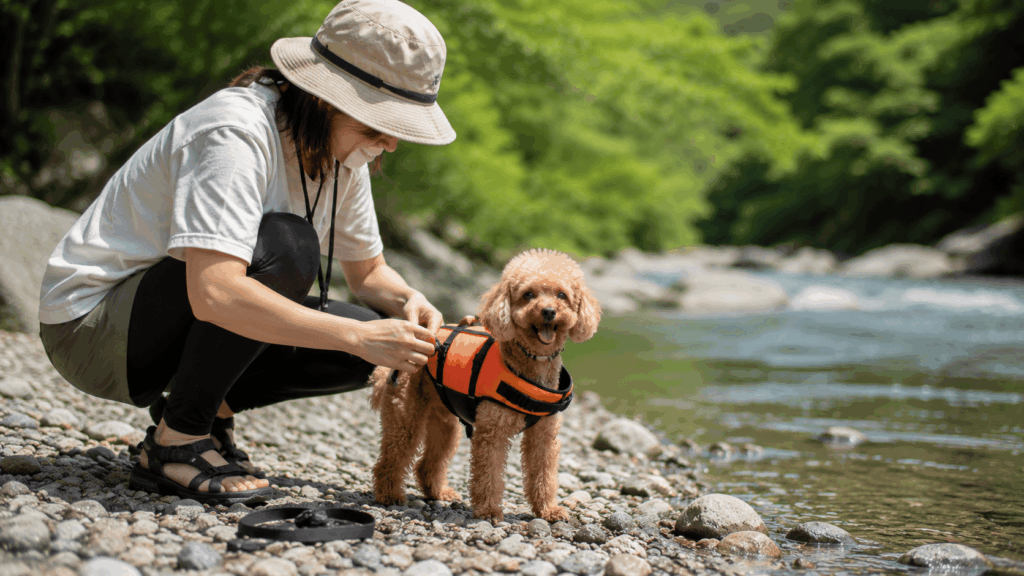 川遊びの前に、飼い主がトイプードルのライフジャケットを確認している様子