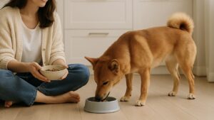 女性が犬の食事を見守る中、犬がフードボウルで食事している優しいキッチンの風景