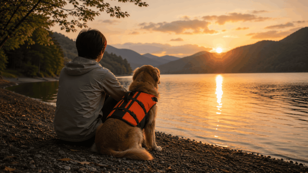 夕暮れの湖畔で、ライフジャケットを着たゴールデンレトリバーと飼い主が並んで水面を眺める様子