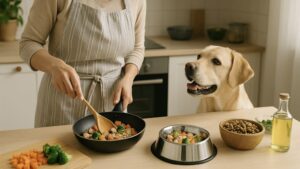 女性がフライパンで犬用ごはんを調理し、隣で犬が見つめているキッチンの様子