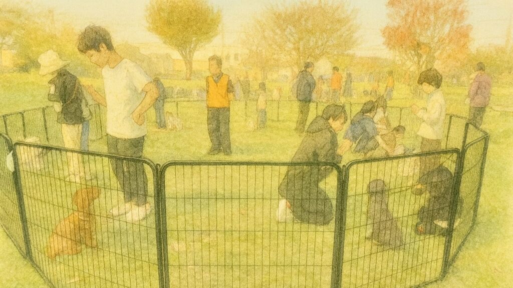 しつけ教室のミニレクチャーで子犬と接する参加者