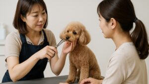 埼玉で日本人の飼い主が講師からマンツーマンで犬のお手入れを学んでいる様子