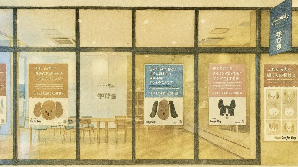 犬に関する相談会のポスターが並ぶ会場入り口の水彩イラスト