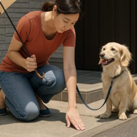 夏 犬 散歩 注意点の一つとして、真夏の散歩前に飼い主が玄関先でアスファルトの温度を手で確かめ、犬が横で待っている様子。