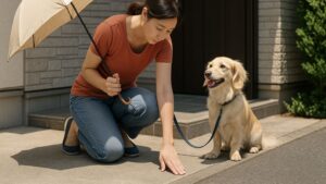 夏 犬 散歩 注意点の一つとして、真夏の散歩前に飼い主が玄関先でアスファルトの温度を手で確かめ、犬が横で待っている様子。