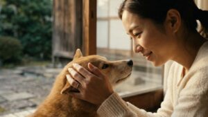 縁側のような場所で、女性が柴犬の顔をやさしく包み込むように見つめ合っている写真