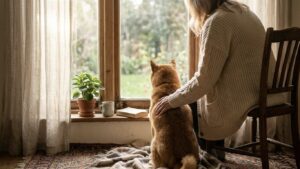 窓辺で椅子に座る人物が、隣にいる柴犬の背中にそっと手を添えて外を眺めている写真