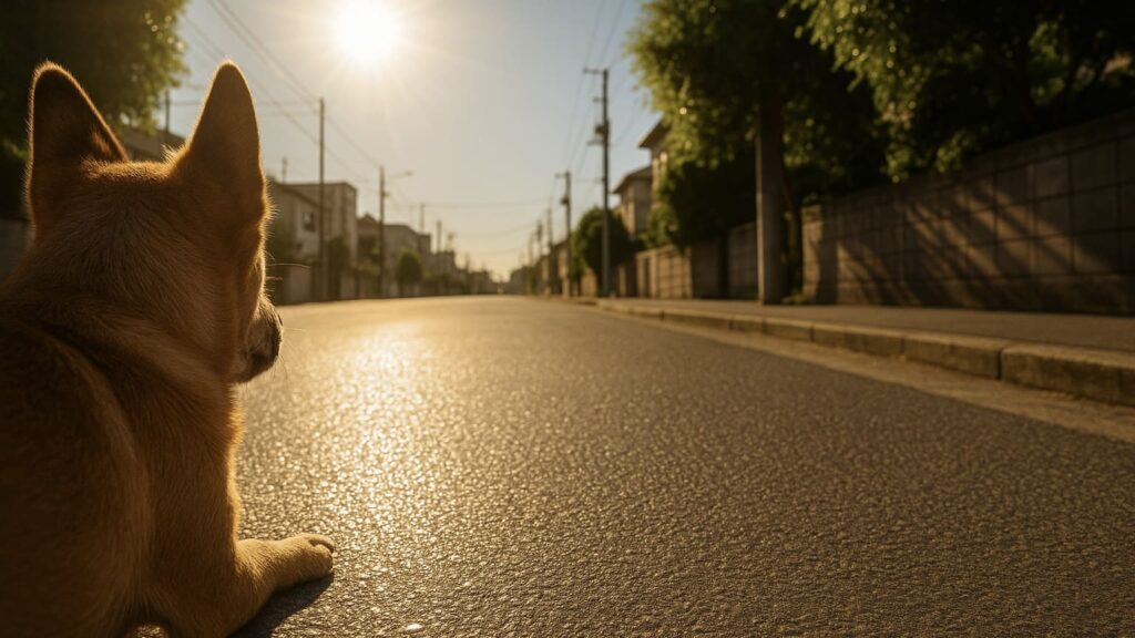夏 犬 散歩 注意点を示すイメージ。犬の視点から見た真夏の道路で、低い位置から強い照り返しと太陽の光が写っている。