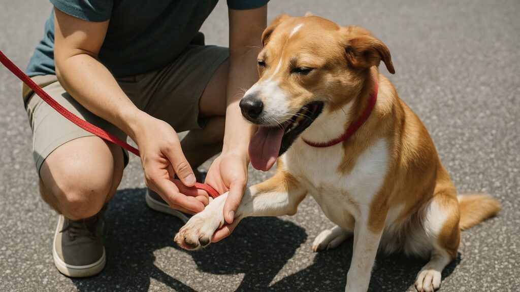 夏 犬 散歩 注意点として大切な肉球ケア。炎天下のアスファルトで火傷しかけた犬の足を、飼い主が心配そうにチェックしている場面。