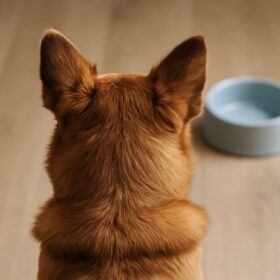 空のフードボウルを見つめる茶色い犬の後ろ姿、木の床の上で穏やかに座る様子