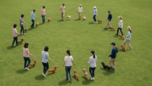 芝生の広場で、犬と飼い主が円形に並び一斉に歩くドッグダンス練習風景