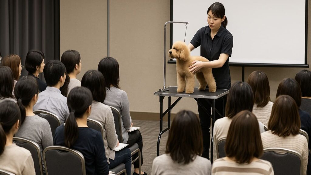 千葉や東京のイベントで開かれるお手入れ講座を受講する飼い主と講師による実演風景
