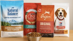 異なるブランドのドッグフードパッケージが並び、手前にステンレス製のフードボウルが置かれている写真