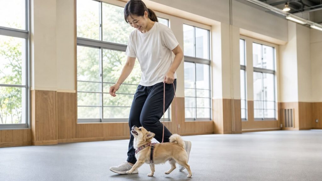 屋内のドッグスポーツ施設で、飼い主を見上げながら足元を歩く小型犬のドッグダンス