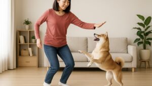 室内でドッグダンスを練習する愛犬と飼い主