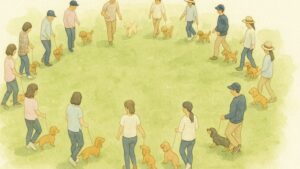 愛犬文化フェスのドッグダンス体験で円を描きながら歩く犬と参加者