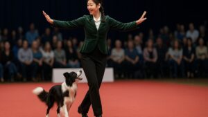 ドッグダンスのステージ演技中の犬とハンドラー