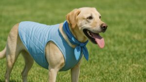 夏 犬 散歩 注意点の対策例。犬がクールベストと冷感バンダナを着け、真夏の芝生の上で快適そうに立っている様子。