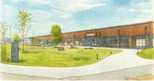 無印良品 東武動物公園駅前の外観と芝生エリア