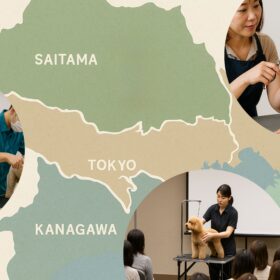 関東4県（東京・千葉・神奈川・埼玉）の地図と、トリミングスクールやお手入れ教室を比較したイメージ
