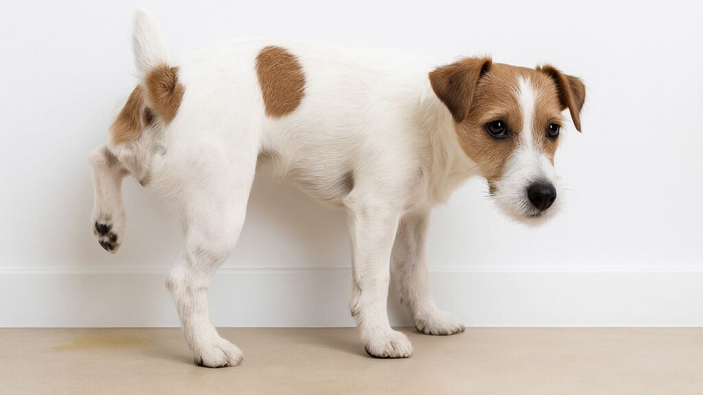 片足を上げて室内の壁にマーキングしている犬
