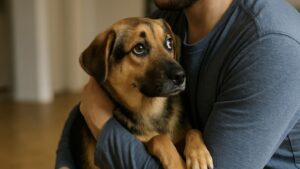 地震の揺れに怯え、不安そうに飼い主の腕にしがみつく犬