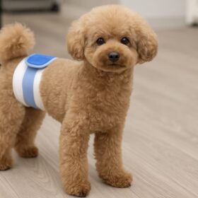 マナーベルトを装着した小型犬が室内で立っている様子