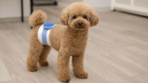 マナーベルトを装着した小型犬が室内で立っている様子