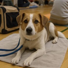 避難所の体育館で毛布の上に横たわり、飼い主と一緒に過ごす犬