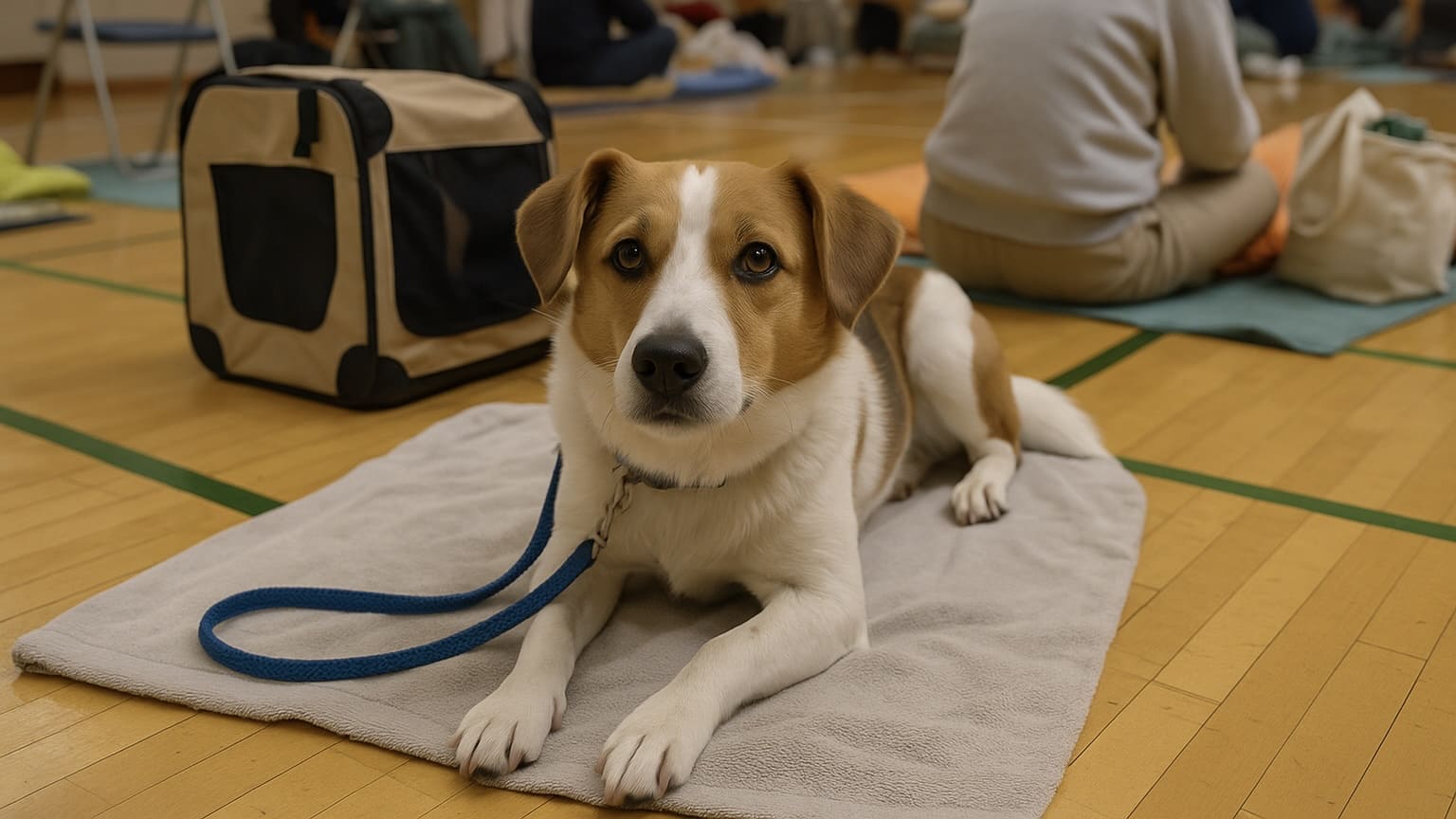 避難所の体育館で毛布の上に横たわり、飼い主と一緒に過ごす犬