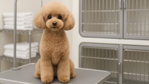 トリミングサロンの台の上でおすわりして待機している小型犬