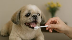 白内障で視力が弱くなったシニア犬が歯みがきをしている様子