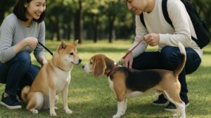 芝生で犬同士があいさつをする場面を、飼い主同士（日本人）がリードを短く持ちながら見守っている様子。