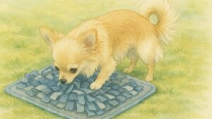 ノーズワークマットで遊んでいる小型犬の様子