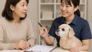 シニア犬の飼い主と日本人トリマーがカットオーダーを相談している様子