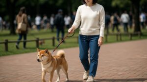 短いリードで愛犬（柴犬）をしっかりコントロールしながら散歩する日本人の飼い主。屋外の公園で落ち着いて歩いている様子。