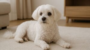 部屋でくつろぐシニア犬のマルチーズがラグの上に横たわっている様子